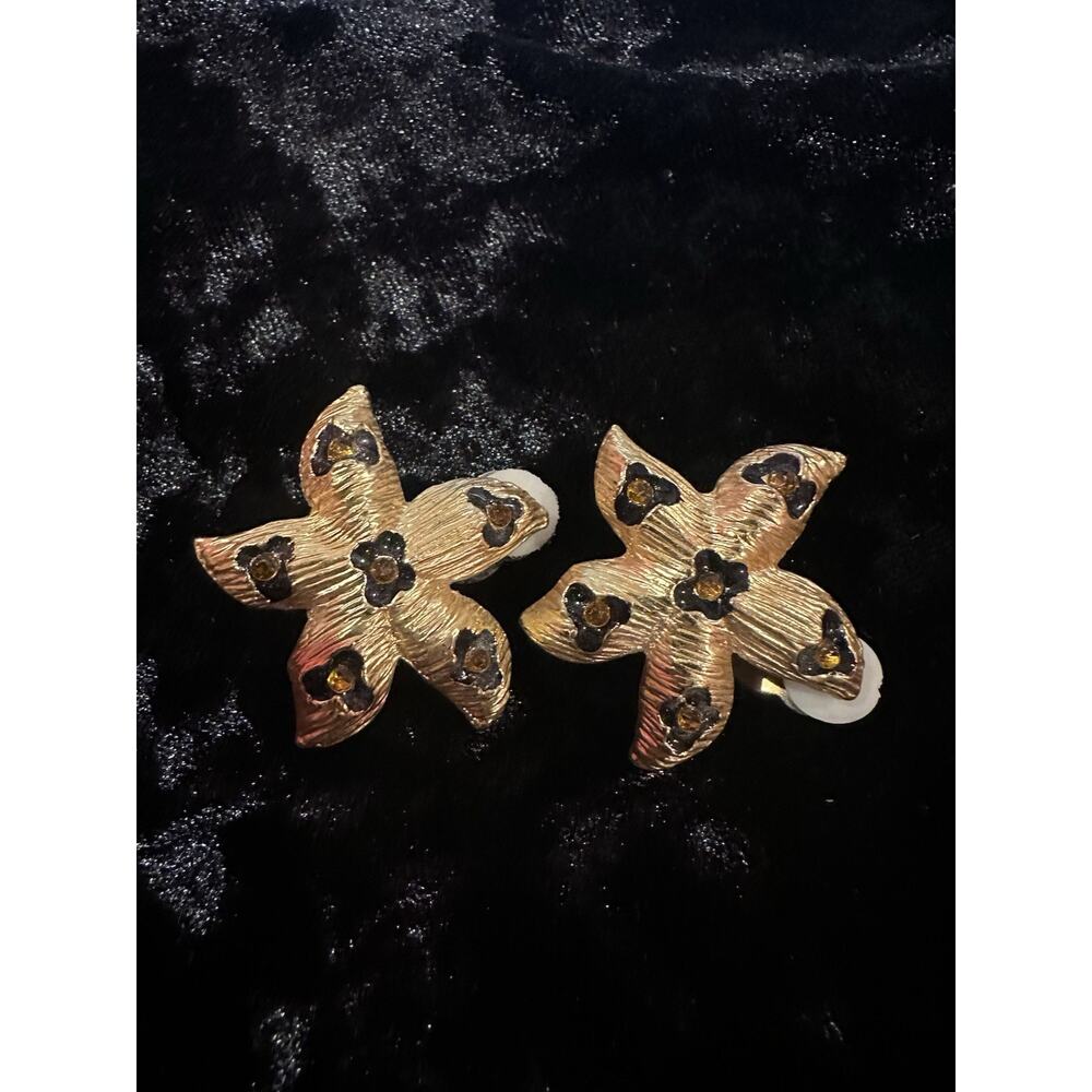 Rare Vintage Gold Star Leopard Look Brown Crystal Clip On Earrings